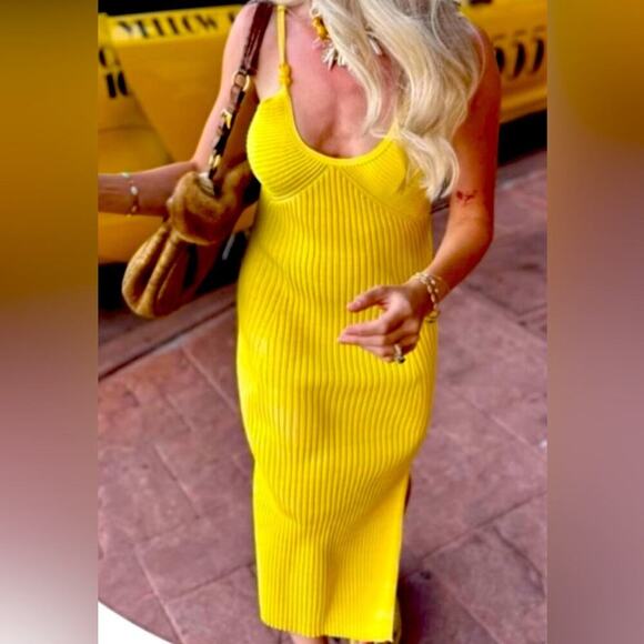 NWOT Revolve x House of Harlow 1960 Lemon Striped Ribbed Beaded Midi Dress small - Picture 3 of 9